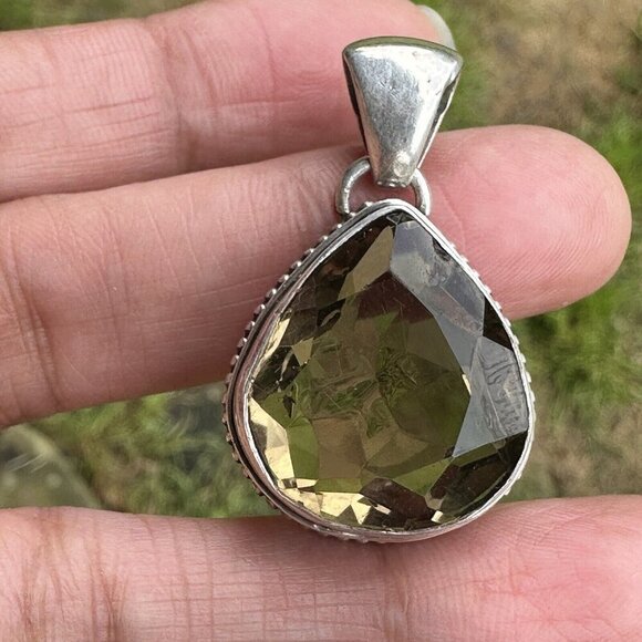 VTG Pendant 1.25" Tear Drop Faceted Smoky Quartz Gem 925 Sterling 10.9g - Picture 1 of 9